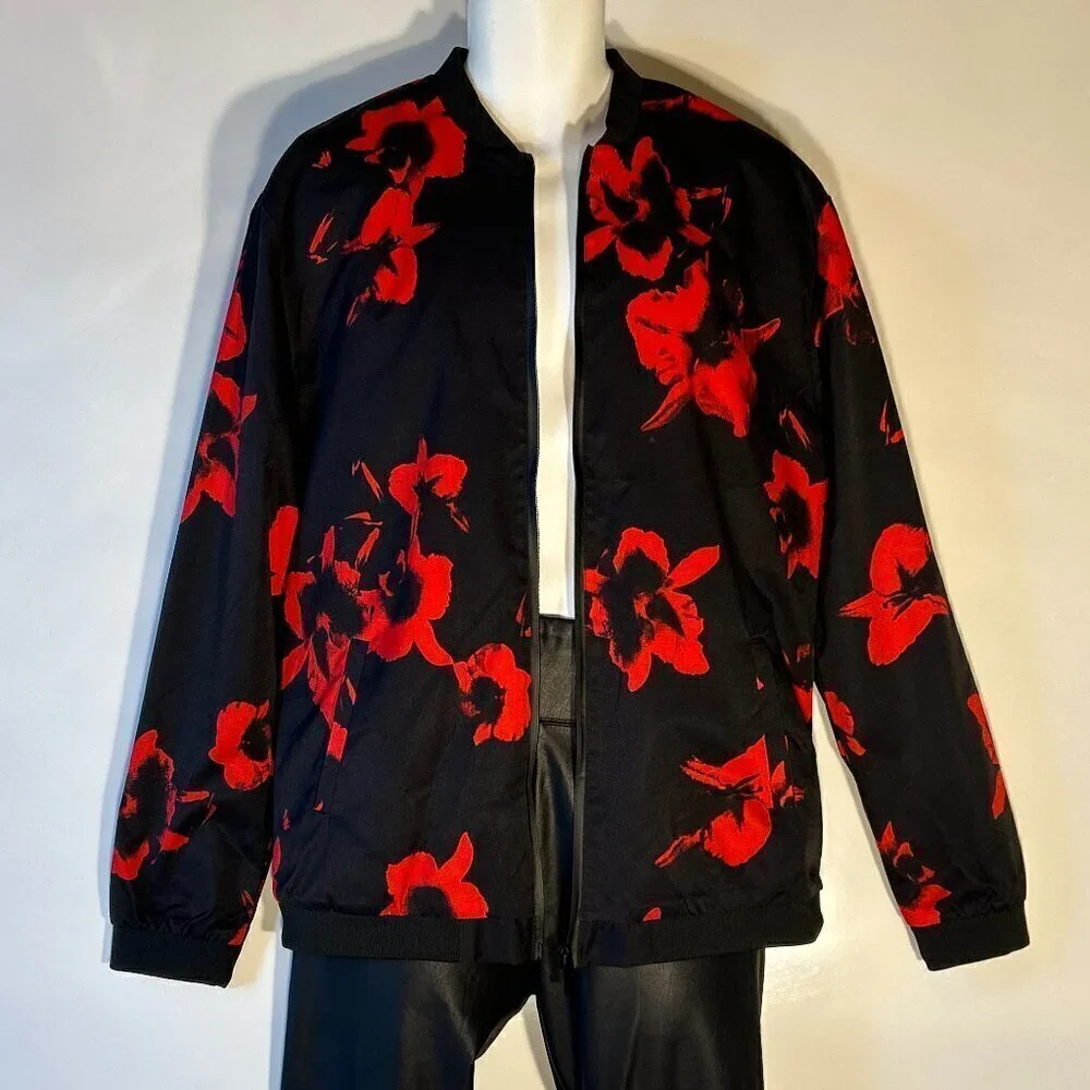 H.L.Cool Man Bomber jacket Black Abstract print Utility Waterproof Retro Y2K